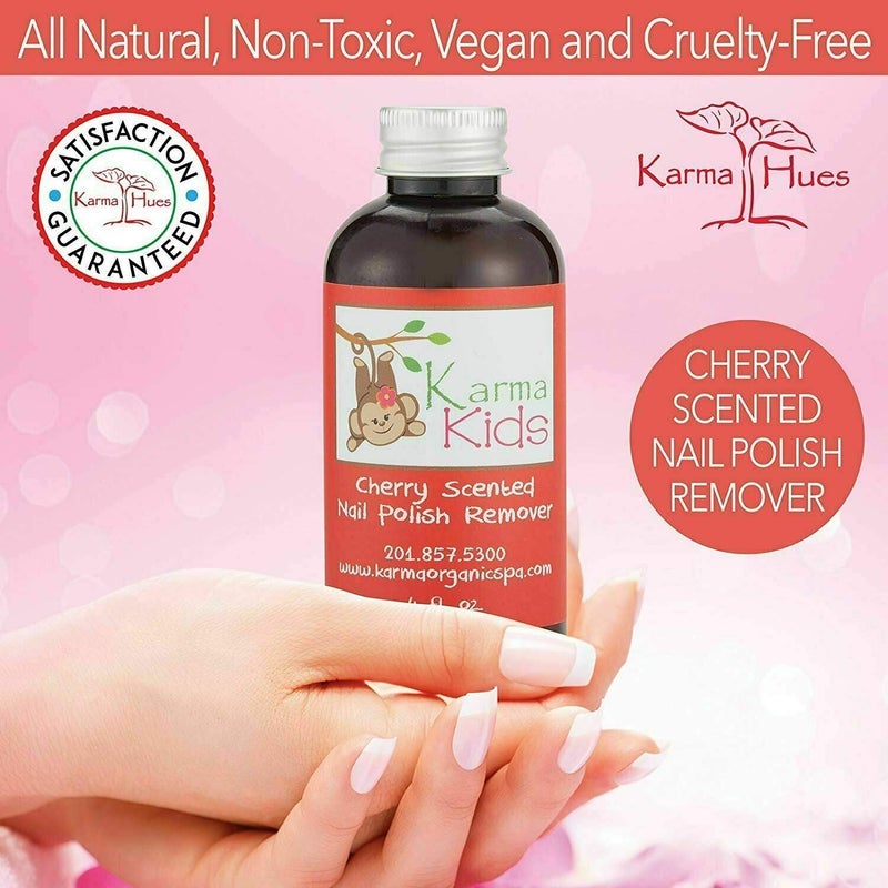 karma organic مزيل طلاء الأظافر العضوي من كارما برائحة الكرز للأطفال - جمال نظيف، نباتي، خالي من القسوة، خالي من الأسيتون - مقوي للأظافر - 4 أونصة سائلة. - Image 2